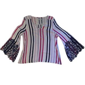 fever striped bell sleeve blouse with lace‎ detail